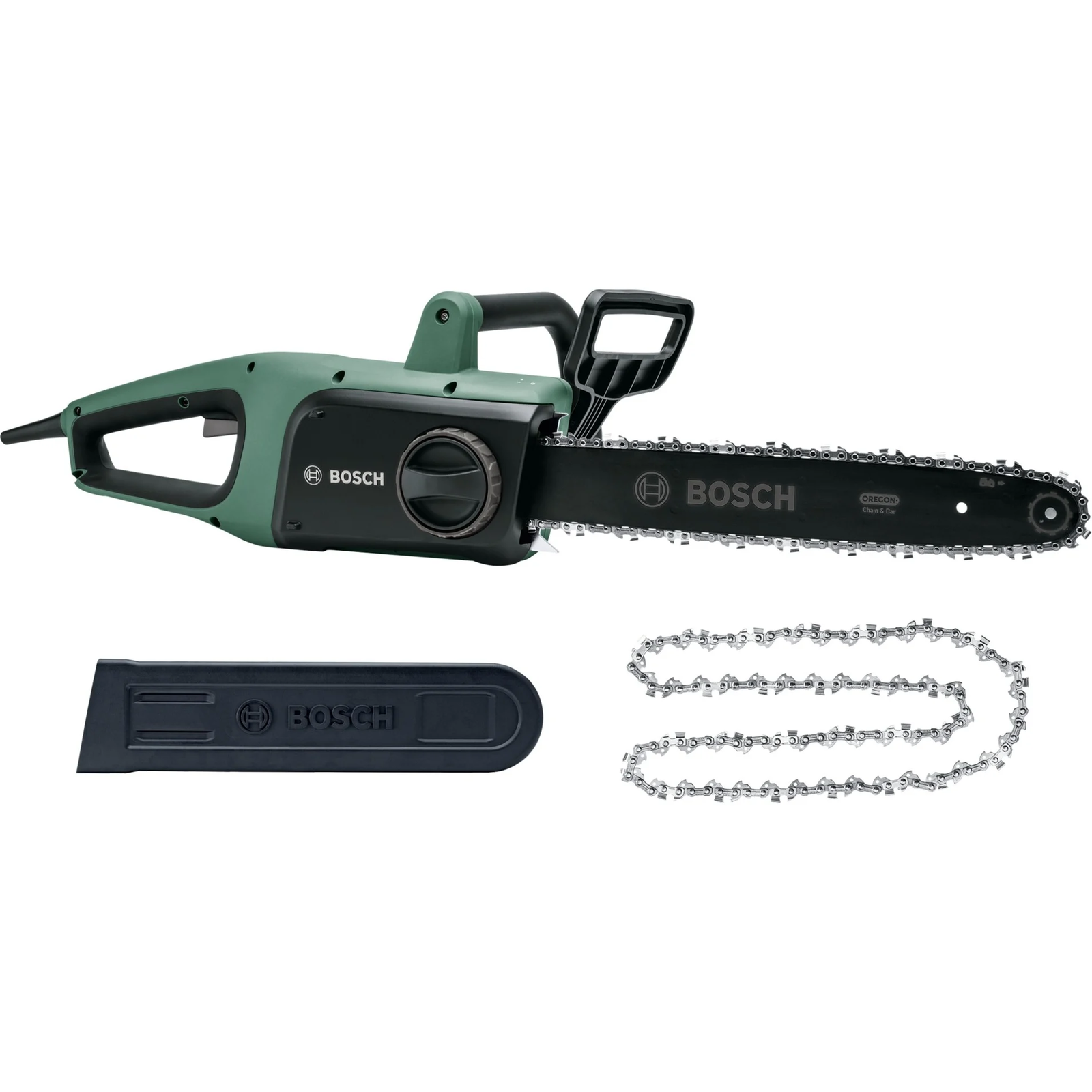 Drujba electrica (fierastrau) cu lant Bosch UniversalChain 35, putere 1800 W, lama 35 cm, viteza lant 12 m/s, lant Oregon, sistem SDS de tensionare lant,ungere automata, contine 2 lanturi (06008B8304)